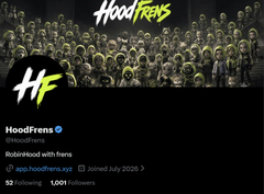 A Twitter/X profile for HoodFrens (@hoodfrens) displays their logo and bio 'Runfrenshood with frens' with 52 Following and 1,091 Followers.