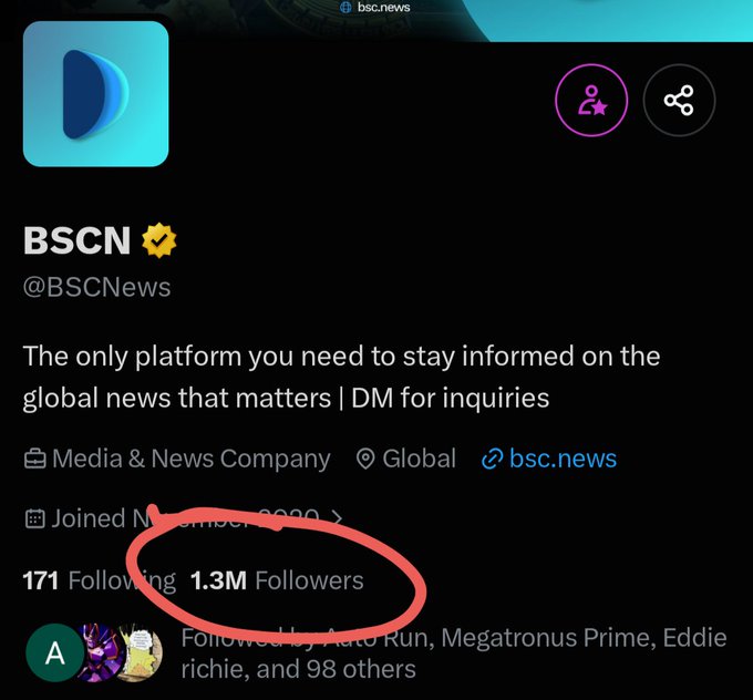 A screenshot of the BSCN (@BSCNews) Twitter profile showing 1.3M followers, with the follower count circled in red, reinforcing the post's emphasis that BSCN's large following and credibility expose the "LUNC" promoters as scammers.