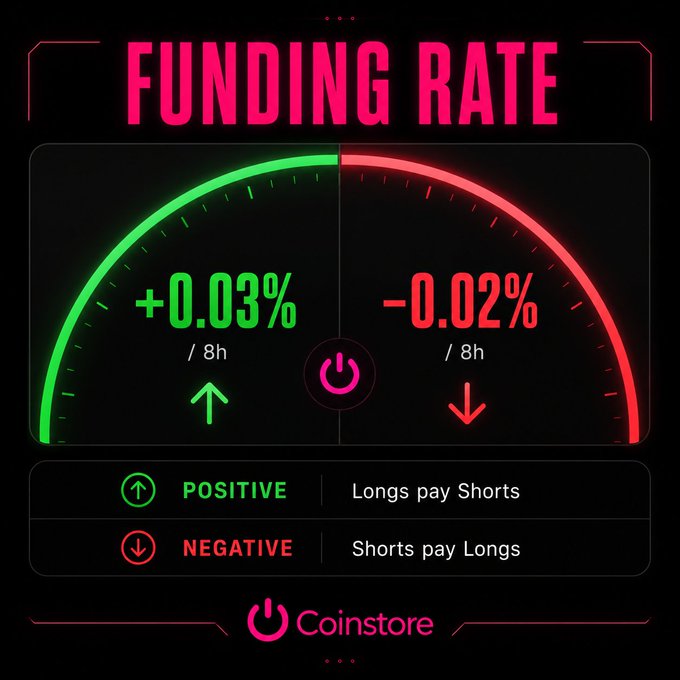 A neon-styled "Funding Rate" infographic from Coinstore displays a gauge showing +0.03% on the green (positive/longs pay shorts) side and -0.02% on the red (negative/shorts pay longs) side per 8-hour period, illustrating how perpetual futures funding rates work.
