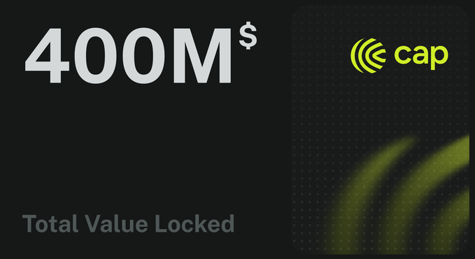 A dark graphic displaying '400M$ Total Value Locked' alongside the yellow 'cap' logo.