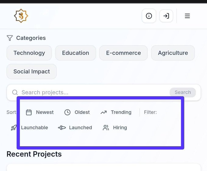 A project discovery interface displays category filters (Technology, Education, E-commerce, Agriculture, Social Impact) above sort options including Newest, Oldest, Trending, and filters for Launchable, Launched, and Hiring projects, likely from the Sidra platform mentioned in the post. The highlighted sort and filter section represents tools users could use to track infrastructure developments like the SidraStart upgrade and upcoming blockchain connectivity milestones discussed.