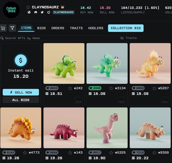 A screenshot of the Claynosaurz NFT collection marketplace displaying various colorful dinosaur 3D models with prices listed in SOL.