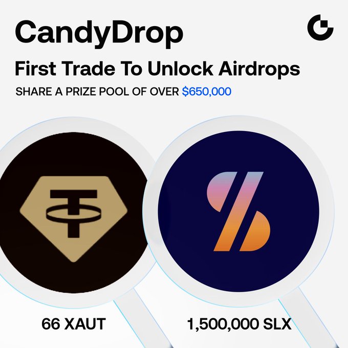 The image features two circular designs with the same logo on them but different colors. The larger circle has a white background and black text that says "Candy Drop", while the smaller one has a yellow background, blue text, and the names of the designers. Below these circles, there is a post about Candy Drop featuring two rewards: $65,500 Slx and $1,500,000 Slux. The post explains how to enter these rewards and encourages viewers to join the campaign.