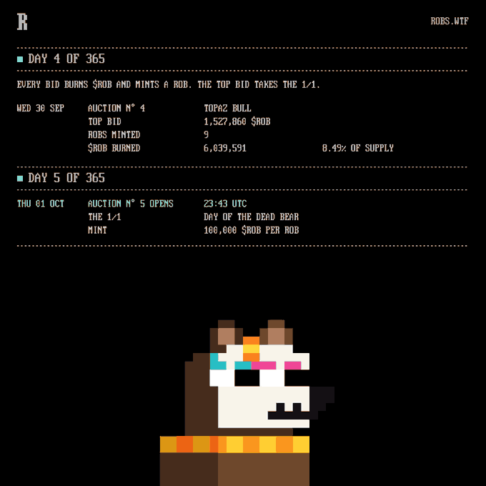 A digital dashboard from ROBS.WTF displays auction information, showing Day 4 of 365 results including a top bid of 1,527,860 $ROB and 6,039,591 $ROB burned, alongside a pixelated bear image wearing a colorful collar.