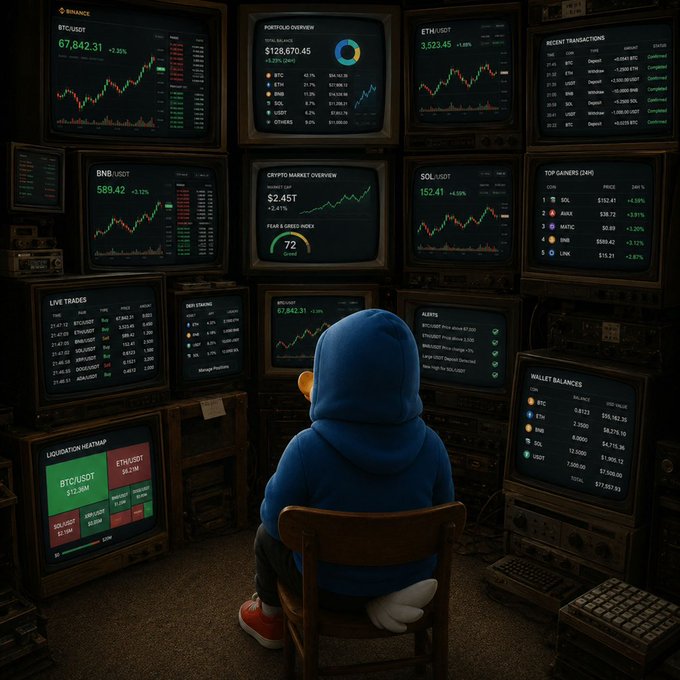 Artistic rendering of a hooded child sitting in a chair viewing multiple cryptocurrency trading monitors showing BTC/USDT, ETH/USDT, BNB, SOL, and various market data screens.