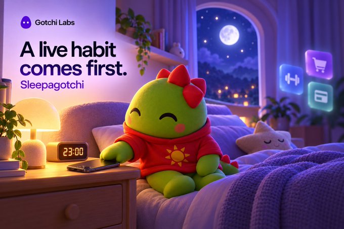 A colorful, stylized image advertises 'Sleepagotchi' by Gotchi Labs with the tagline 'A live habit comes first,' featuring a small green character in a red hoodie sitting on a bed.