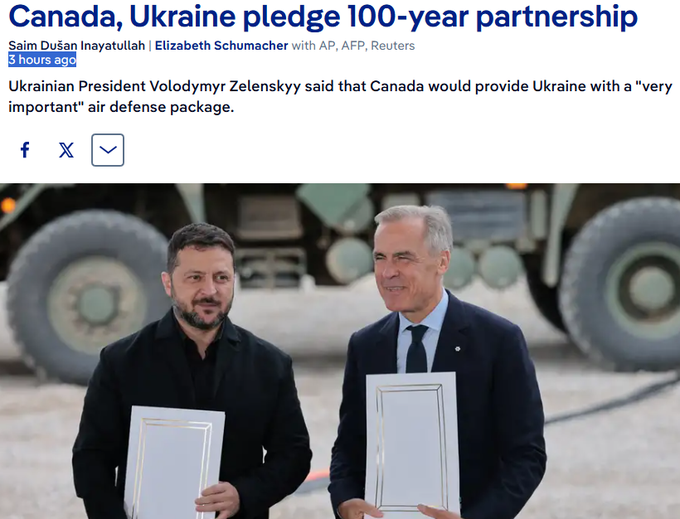 A news article headline reading 'Canada, Ukraine pledge 100-year partnership' showing Ukrainian President Volodymyr Zelenskyy and Canadian Prime Minister Mark Carney holding documents in front of military vehicles.