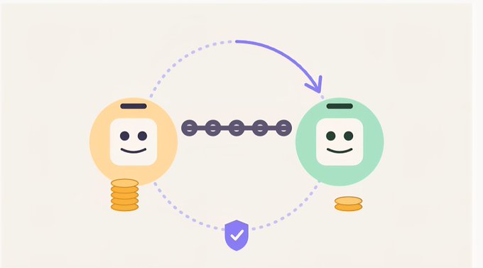 A simple illustration shows a coin transfer process, with an arrow indicating money moving from a yellow character with stacked coins to a green character via a chain link, secured by a shield with a checkmark.