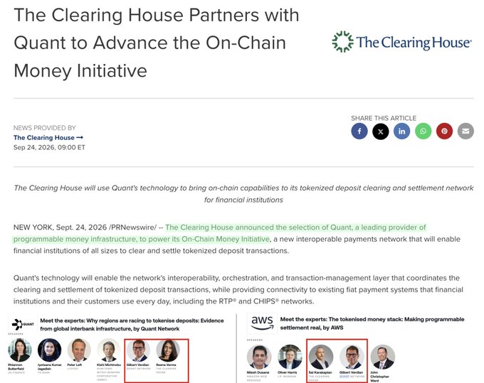 A news article headline reads 'The Clearing House Partners with Quant to Advance the On-Chain Money Initiative,' dated Sep 24, 2026, announcing the selection of Quant to power a tokenized deposit network.