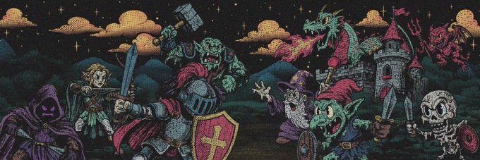 This image depicts a vibrant, pixelated fantasy scene with knights, goblins, a dragon, and a castle, fitting for a raffle for @GuildGrime spots. The artwork's retro gaming aesthetic complements the post's announcement of a raffle for GTD spots.