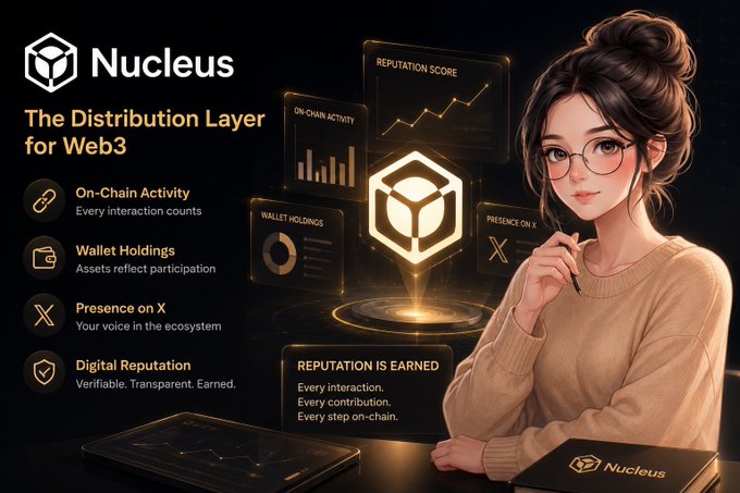 A promotional graphic for 'Nucleus - The Distribution Layer for Web3' featuring an anime-style woman with glasses, highlighting On-Chain Activity, Wallet Holdings, Presence on X, and Digital Reputation features.