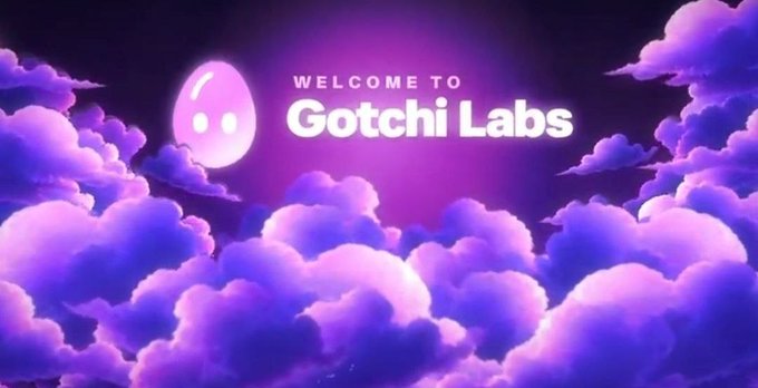 A vibrant purple banner with fluffy clouds reads 'WELCOME TO Gotchi Labs' alongside a small purple ghost-like character.