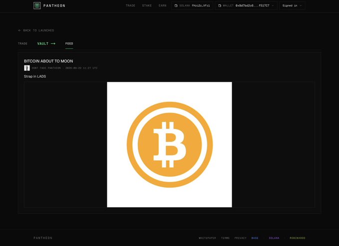 A screenshot from the Pantheon platform showing a 'BITCOIN ABOUT TO MOON' NFT launch with a Bitcoin logo image on a white background.