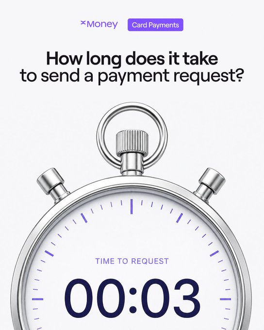The image features a stopwatch graphic displaying "TIME TO REQUEST 00:03" alongside the xMoney logo and "Card Payments" tag, with the headline "How long does it take to send a payment request?"—visually reinforcing xMoney's promise of quick, nearly instant payment processing highlighted in the accompanying "Create. Share. Get paid." tagline.