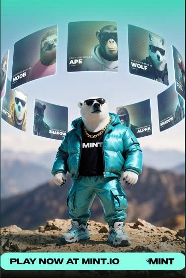 A promotional image for MINT featuring an anthropomorphic bear in a teal puffer jacket and gold chain standing on a mountain peak, surrounded by floating character cards (APE, WOLF, ALPHA, SHADOW, NOOB) and the text 'PLAY NOW AT MINT.io'.