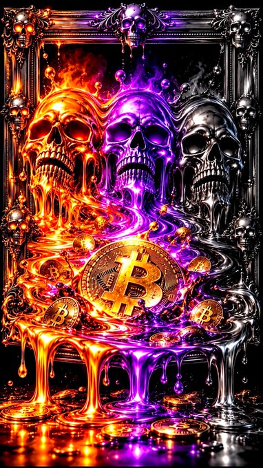 A vibrant digital artwork of three melting skulls framed in an ornate silver border, with gold, purple, and silver coins dripping below alongside Bitcoin logos.