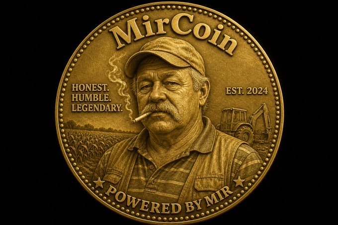 A gold coin design featuring a man in a baseball cap smoking a cigarette, with the text "MirCoin", "HONEST. HUMBLE. LEGENDARY.", "EST. 2024", and "POWERED BY MIR" around the edge.