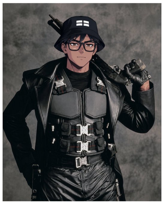 An anime-style illustration of a dark-skinned male character with glasses, wearing a black bucket hat with a white symbol, a black leather coat, tactical vest, and gloves, carrying a rifle slung over his shoulder against a smoky gray background.