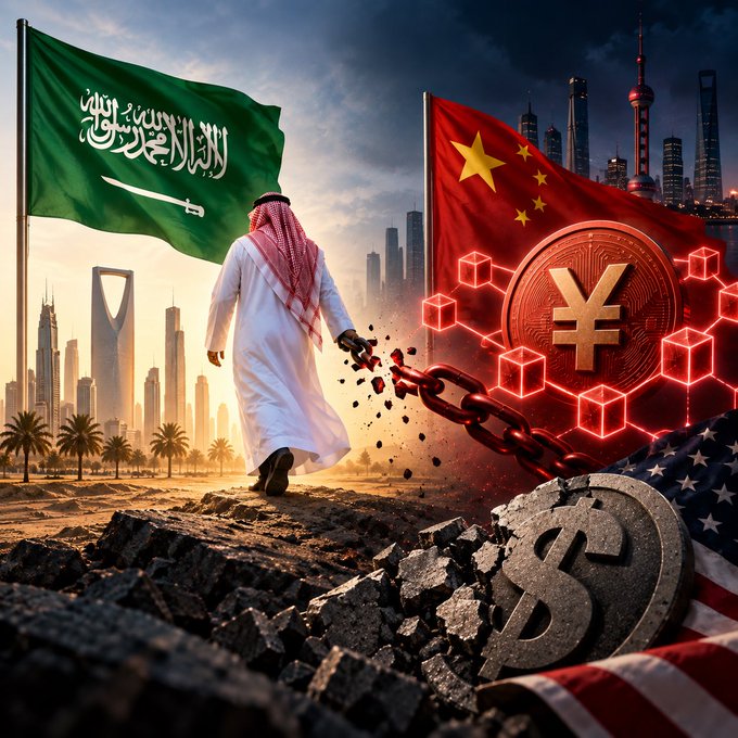 Saudi flag with Arabic text and a Chinese flag frame a man