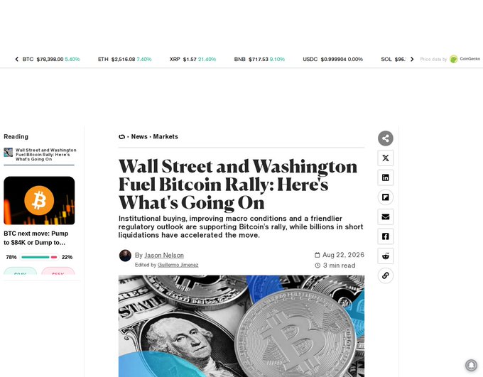 A news article titled 'Wall Street and Washington Fuel Bitcoin Rally: Here's What's Going On' by Jason Nelson, dated Aug 22, 2026, with a top ticker showing BTC at $78,398.00, ETH at $2,516.08, XRP at $1.57, BNB at $717.53, USDC at $0.999904, and SOL at $95.