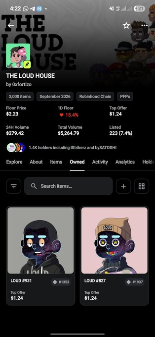 A mobile screenshot of the OpenSea NFT marketplace showing "THE LOUD HOUSE by 0xfortizo" collection with 3,000 items, a floor price of 2.23 ETH, and two NFT items displayed.