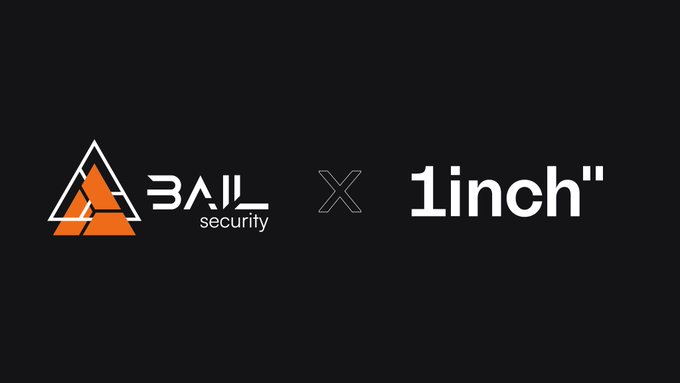 The image displays a partnership announcement graphic featuring the logos of "BAIL security" (with a stylized orange triangle logo) and "1inch" separated by a thin "X" on a black background, illustrating a collaboration between the two projects.