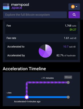 A screenshot from mempool.space showing a Bitcoin transaction with a fee of 1,768 sats ($9.27) and a fee rate of 1.61 sat/vB, accelerated by 82.7% of hashrate to reach 10.7 sat/vB and mined approximately 11 minutes after acceleration, providing visual context for a post about a large BTC transaction being prioritized via transaction acceleration.