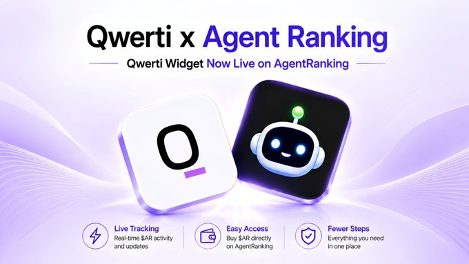 The image features a banner for an Agent Ranking website that includes two square icons, one of which has a robot face on it. The text on the banner indicates that users can find a token by following @QwertiAI activity and buy directly from them using the agent ranking website.