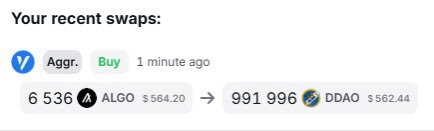 A user shares their recent swap transaction on Yieldly, showing 6,536 ALGO ($564.20) exchanged for 991,996 DDAO ($562.44) via Aggr. as a "Buy" one minute ago, likely promoting participation in the DDAO community as mentioned in the accompanying post about building and growing together.