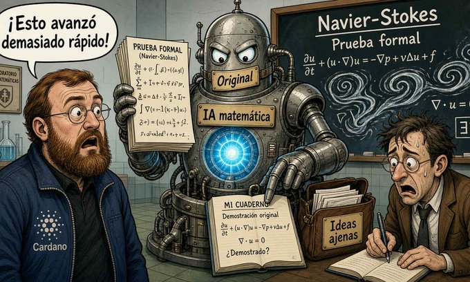 Cartoon illustration depicting a Cardano-labeled mathematician reacting in shock to a robot labeled 'IA matemática' holding papers with the Navier-Stokes formal proof, while another distressed person writes in a notebook labeled 'Ideas ajenas'.