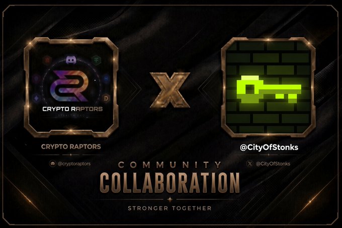 A 'COMMUNITY COLLABORATION' announcement between 'CRYPTO RAPTORS' (@cryptoraptors) and '@CityOfStonks' featuring their respective logos.