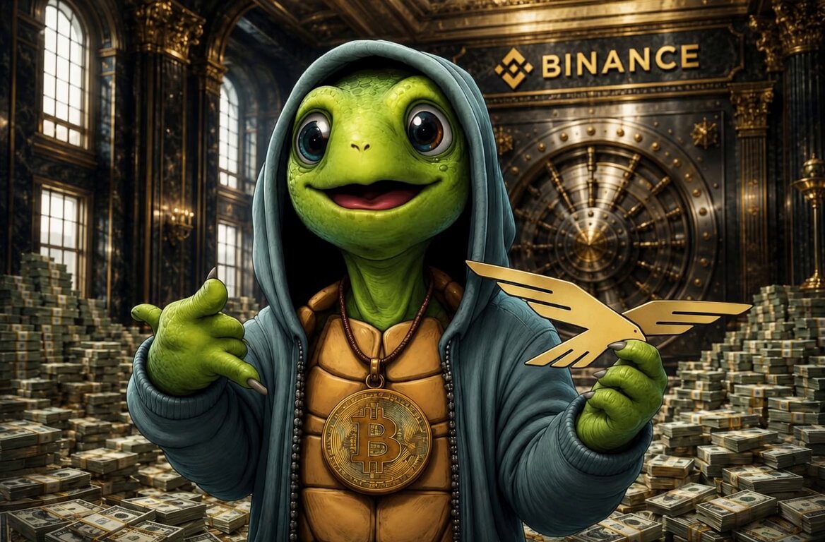 The image features a cartoon frog wearing a hoodie, holding a golden coin in its hand. The frog appears to be smiling and is surrounded by stacks of money. In the background, there's a large gold door with a "Binance" sign on top. The overall scene suggests that the frog might be involved in some sort of financial transaction or business deal related to Bitcoin.