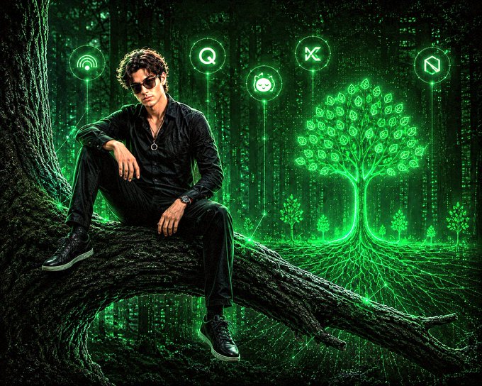 The image features a man sitting on a tree branch, surrounded by various symbols and icons related to technology and communication. These include a cell phone symbol, an internet icon, a computer mouse, and a keyboard. The background of the image is dark green with glowing elements that give it a digital or futuristic appearance. The post seems to be promoting trust in technology and communication networks, as indicated by the symbols used in the image.