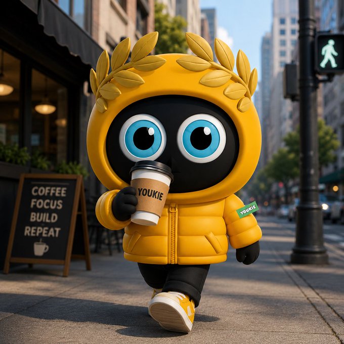 A 3D-rendered cartoon character wearing a yellow puffy jacket and a laurel wreath walks down a city street holding a coffee cup labeled "YOUKIE," with a chalkboard sign reading "COFFEE FOCUS BUILD REPEAT" visible nearby.