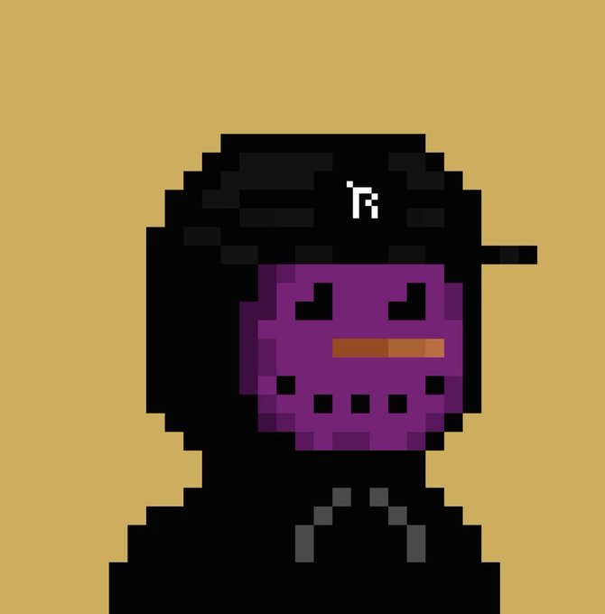 Pixel art illustration on a tan background depicting a figure in a black hood wearing a purple mask with simple facial features, with a small white logo resembling 'TR' on the hood.