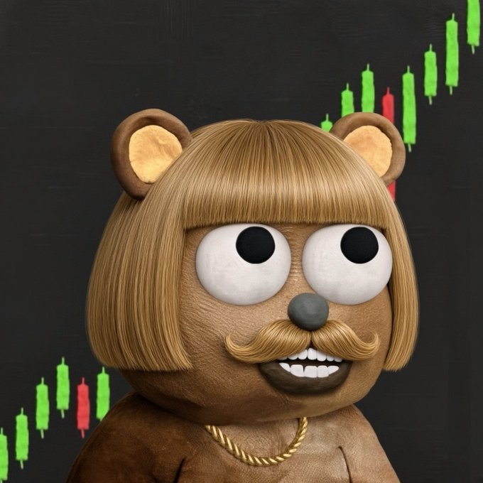 A 3D-rendered brown bear character with a blonde bob haircut and a curled mustache stands in front of a black background featuring green and red stock candlestick charts trending upward.