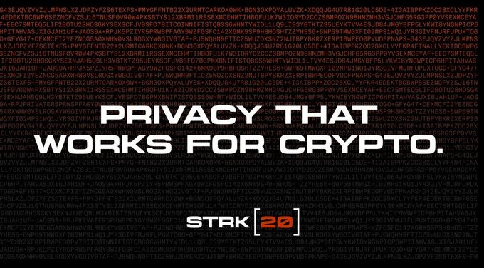 A promotional graphic featuring the text 'PRIVACY THAT WORKS FOR CRYPTO.' and the 'STARK [20]' logo over a background of dense computer code.