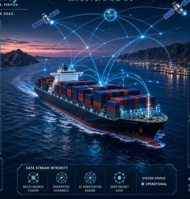 A futuristic digital interface displays a large container ship at sea surrounded by glowing network connections and satellites, with HUD elements reading 'DATA STREAM INTEGRITY,' 'MULTI-SOURCE FUSION,' 'ENCRYPTED CHANNELS,' 'AI VERIFICATION ENGINE,' 'ZERO PACKET LOSS,' and 'SYSTEM STATUS OPERATIONAL.'
