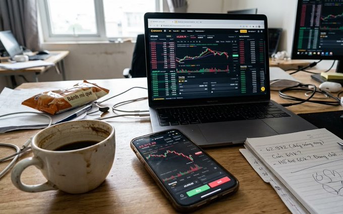 A desk setup featuring a laptop and smartphone displaying cryptocurrency trading charts, accompanied by a coffee mug, a bag of snacks, a notebook with handwritten notes, and scissors on a wooden surface.