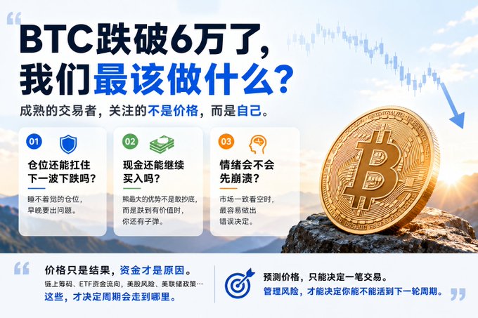 A Chinese-language trading graphic featuring a golden Bitcoin coin against a sky background, with the headline "BTC跌破6万了，我们最该做什么？" (BTC has dropped below 60,000—what should we most do?) and three advice points emphasizing that mature traders should focus on their own position management, cash reserves, and emotional discipline rather than price prediction. The image visually reinforces the post's message about maintaining composure and proper risk management during Bitcoin's downturn below the $60,000 level.