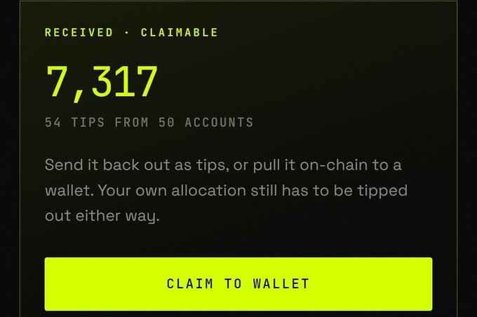 A screenshot showing a claimable balance of 7,317 $MOTION tokens received from 54 tips across 50 accounts, with a prominent "CLAIM TO WALLET" button and instructions to either tip it back out or withdraw on-chain.