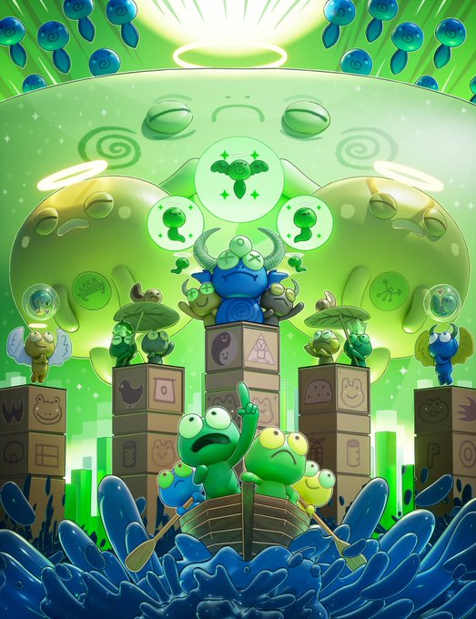 A vibrant green-themed digital illustration shows cartoon frog-like characters in a small boat navigating blue waves, with stacked alphabet blocks featuring symbols and horns-topped creatures perched atop, while floating bubble-like icons and a glowing halo dominate the bright green background, complementing the post's playful, imaginative NFT art style from @para__kingdom.