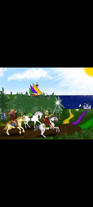 A pixelated retro video game screenshot depicting two figures riding white horses through a green landscape with a sailing ship and lighthouse visible in the background.