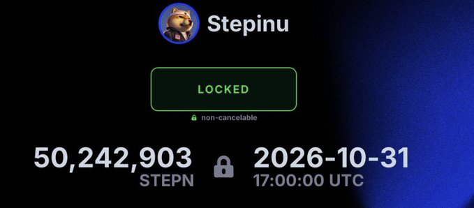 A Stepn app interface showing a locked token reward of 50,242,903 STEPN tokens, unlocking on 2026-10-31 at 17:00:00 UTC, marked as non-cancelable.