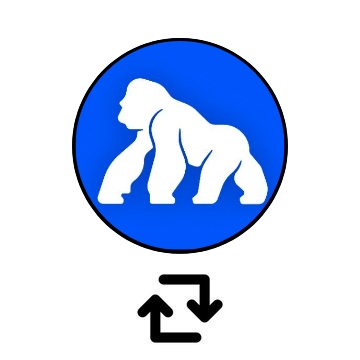 A blue circular logo featuring a white silhouette of a gorilla, with a transfer/exchange icon positioned below it.