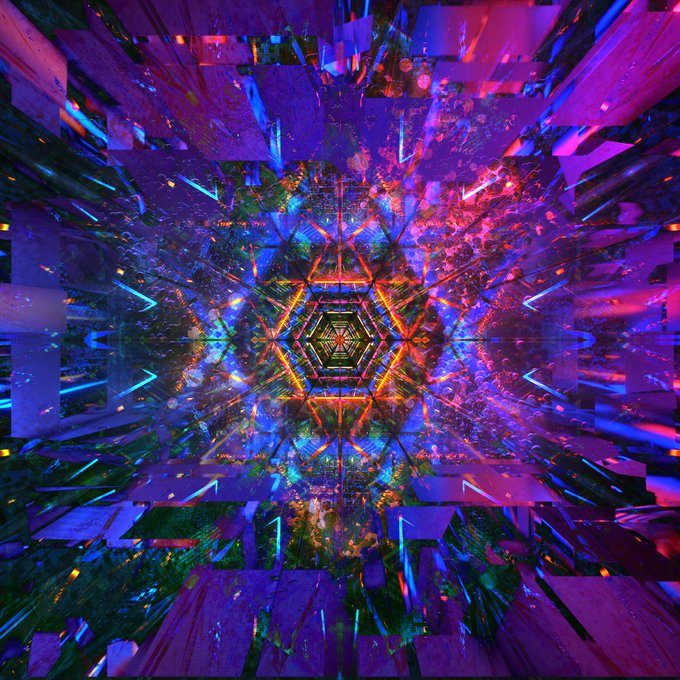 A vibrant, kaleidoscopic abstract image featuring a hexagonal tunnel pattern with neon pink, purple, blue, and orange colors.