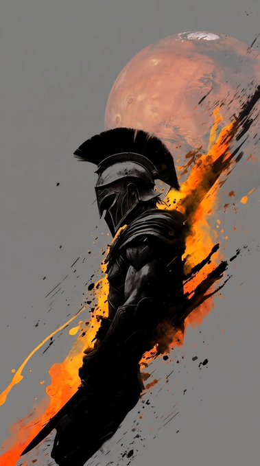 A stylized artwork depicts a Spartan warrior in dark armor holding a large sword, with dynamic orange and yellow paint splashes, set against a grey background with a reddish planet or moon.