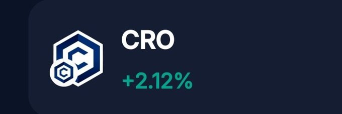 A cryptocurrency price ticker for CRO (Crypto.com) displays a +2.12% gain against a dark navy background, with the brand's hexagonal logo to the left. The +2.12% figure corresponds to the "212" mentioned in the post, highlighting the token's positive price movement.
