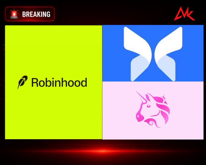 A breaking news graphic featuring three company logos: Robinhood on a green background, MetaMask on blue, and Uniswap on pink, with a 'BREAKING' alert badge and 'MK' logo in the top right.