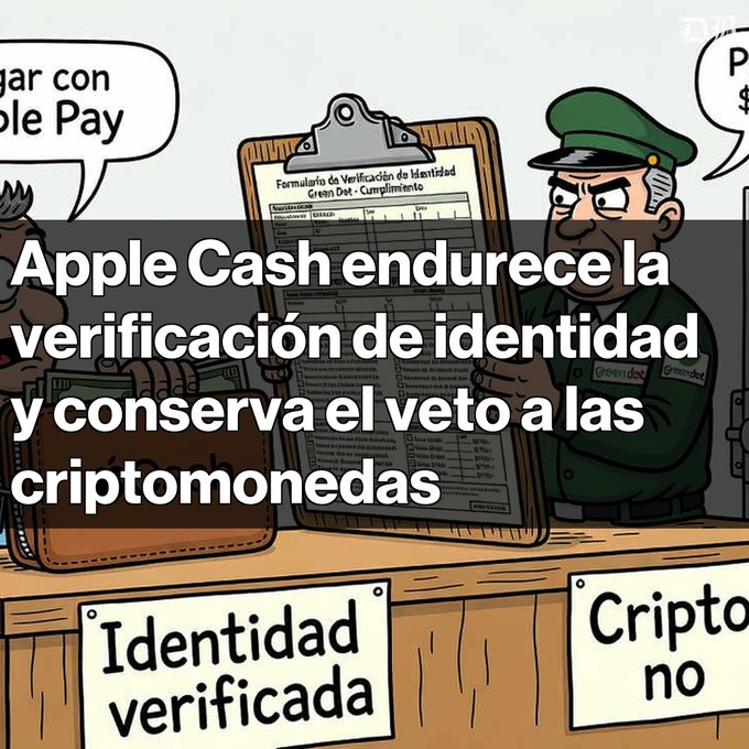 A cartoon illustration showing a Green Dot employee reviewing an identity verification form, with overlaid Spanish text reading "Apple Cash endurece la verificación de identidad y conserva el veto a las criptomonedas."